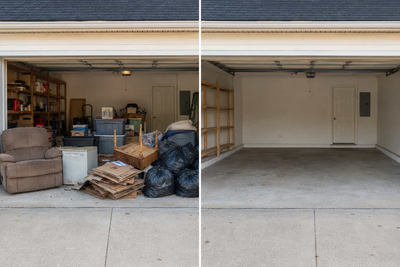 Representative before and after of a cluttered garage cleared and swept clean