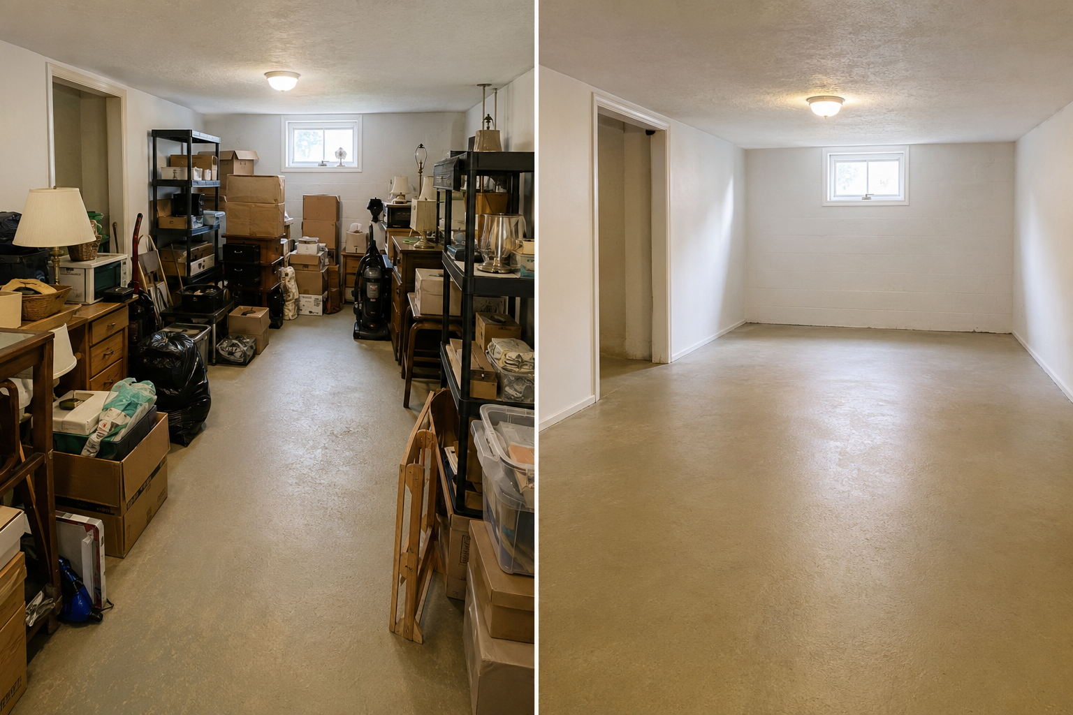 Representative before and after of a cluttered basement emptied and cleaned